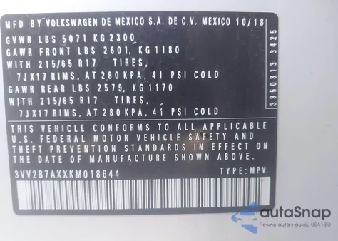 2019 Volkswagen Tiguan 2.0T Se/2.0T Sel/2.0T Sel R-Line/2.0T Sel R-Line Black from USA, damaged, VIN 3VV2B7AXXKM018644